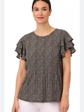 Adrianna Papell Black Speckle Ruffle Sleeve Peplum Top